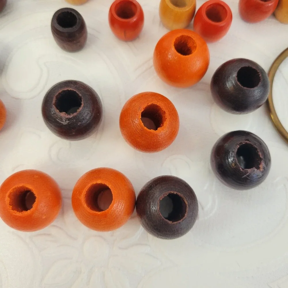 Vintage Macrame Jewelry Crafting Wood Bead Lot 88 Beads‎ Metal Ring MCM